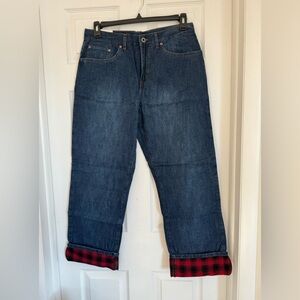 32 Degrees Weatherproof Heat Blue Jeans with Red Plaid Accents